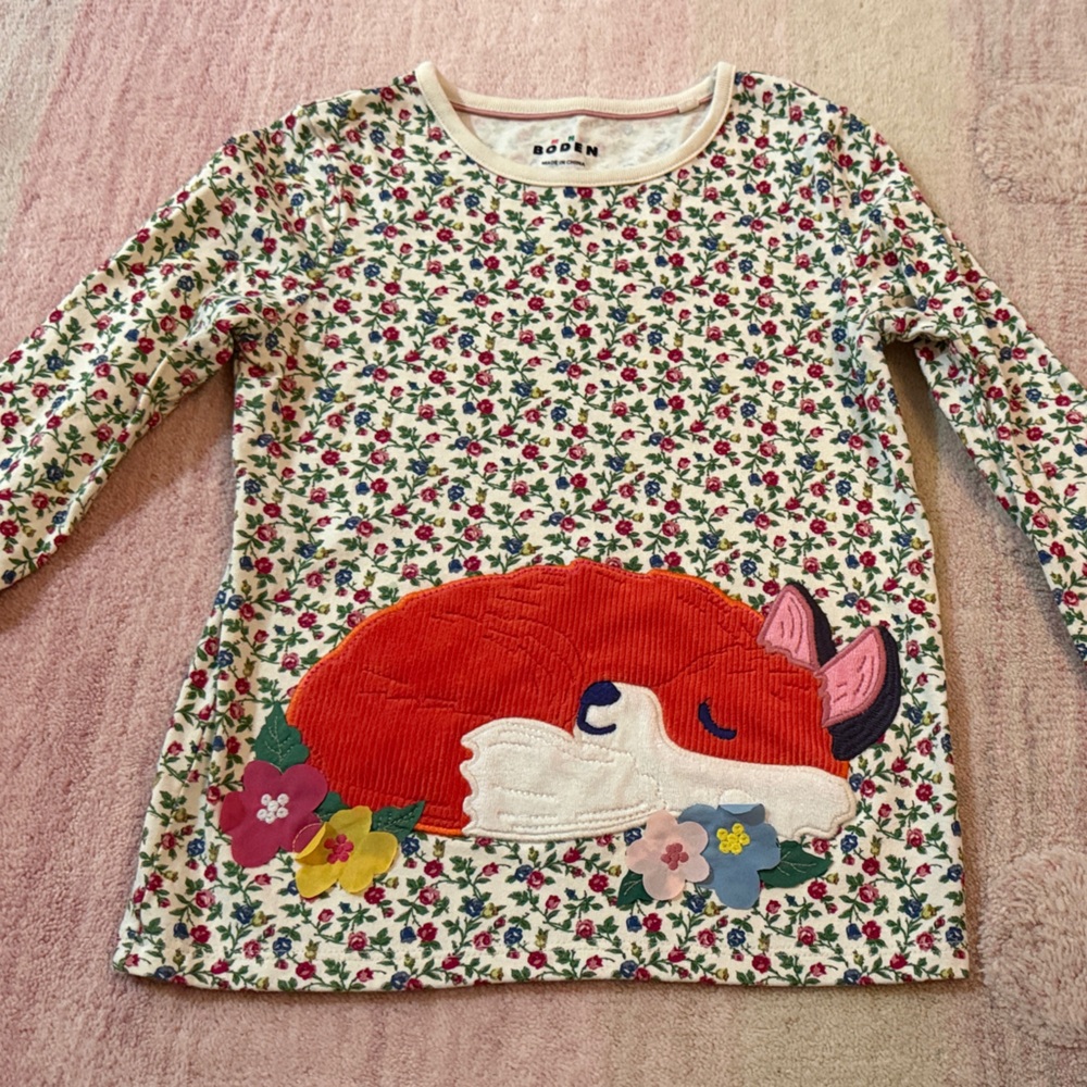 Mini Boden Long Sleeve Shirt with Red Fox and Floral Design